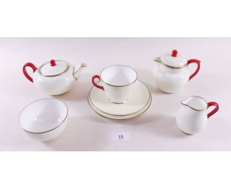 A Wedgwood 'tea for two' set comprising: teapot, milk, hot water jug, sugar and two cups and saucers