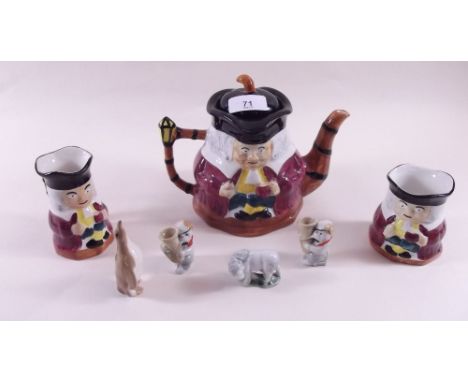 A Prices Toby teapot, two other Tobies and four animal ornaments