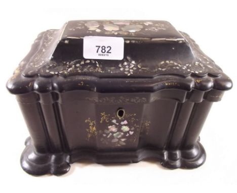 A Victorian papier mache tea caddy with mother of pearl and gilt decoration - a/f