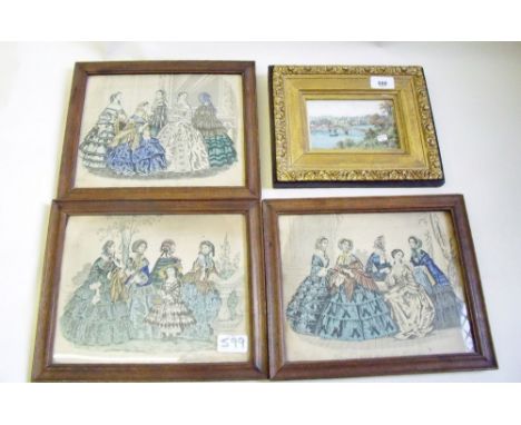 Three Victorian fashion prints and a print of Chepstow