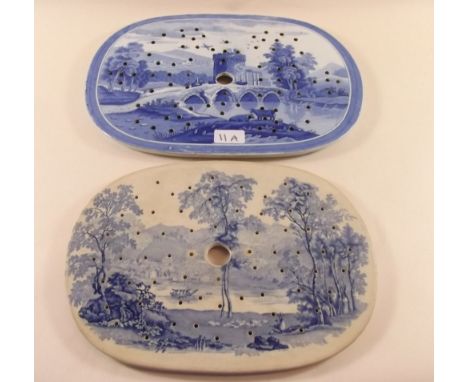 A Victorian Spode blue and white strainer dish printed castle and another printed Italianate river scene