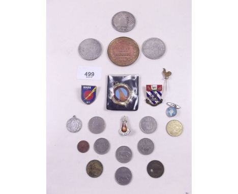 Miscellaneous group of coins, tokens and enamel badges including silver coins (2) 1938 Dutch 2 1/2 gilders,, 1780 x restrike 