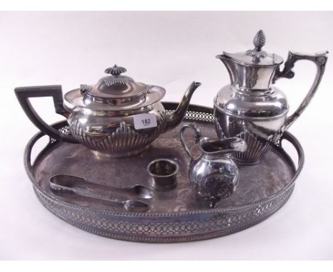 A box of silver plated teaware including Mappin and Webb teapot and oval tray