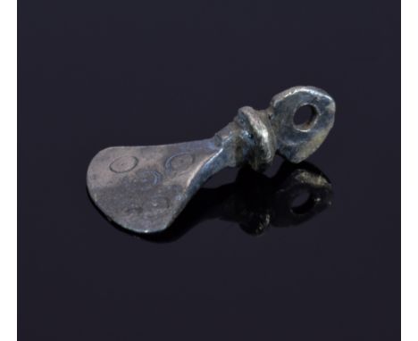 A fine Viking Scadinavian sceumorphic amulet shaped as axe with intact loop and punched decoration - 23mm, 1,79 grams - ca.90