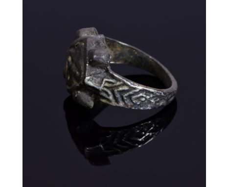 Medieval religious ring with enameled cross on bezel; oval shaped band; shoulders decorated with a fish-bone symbols (also a 
