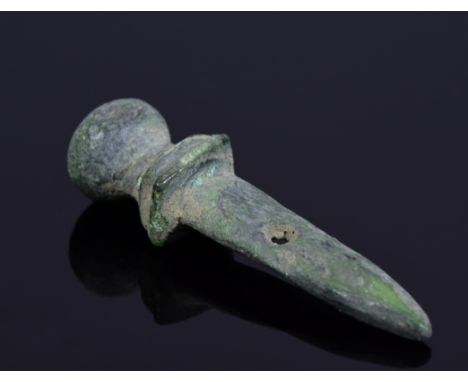 Interesting Ancient sceumorphic amulet shaped as a gladius with prominent handle and hole for attachment - 35mm, 5,82 grams -