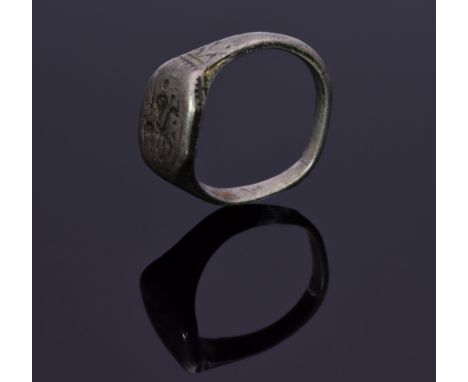 Interesting Medieval silver signet ring with a horseman holding sword on bezel; intact and well preserved band. Possibly a wa