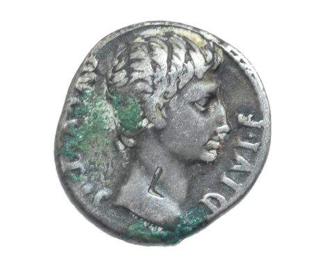 Bust of Augustus facing right, AVGVSTVS DIVI F. Rev: Apollo Citharoedus of Actium, standing left, holding plectrum and lyre, 