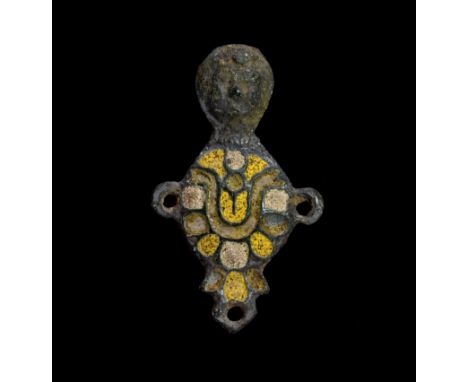 An important Viking Scadinavian enamelled sceumorphic amulet depciting Goddess Freya; loop attached to the back ; In Norse my