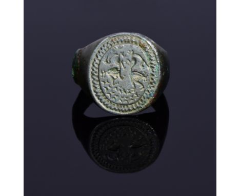 An important Medieval, Scandinavian silver-alloy mythological seal ring depicting the wolves of god Odin - Geri and Freki; ov