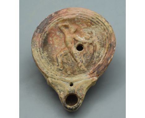 Ancient Roman Terracotta Oil Lamp with Satyr - A well crafted with a dancing satyr. - 105mm, 51 grams - ca.200-300AD - Proper