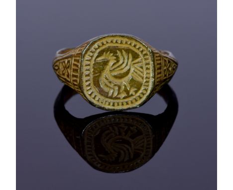 Interesting Medieval, Scandinavian mythological seal ring with stylized flying Dragon, possibly Fafnir, depicted on bezel; ov