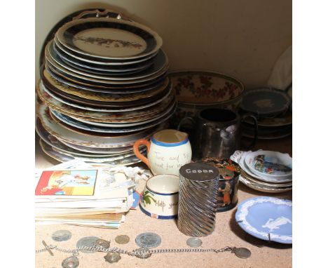 A silver chain and football medallions together with assorted EPNS, plates, clock etc