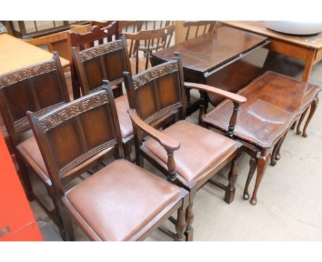 A 20th century oak gate leg dining table together with four dining chairs and a mahogany coffee/nest of tables