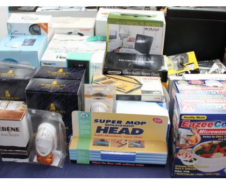 A collection of new and used boxed appliances  including a Tiffany style table lamp together with a pie maker, walking stick,