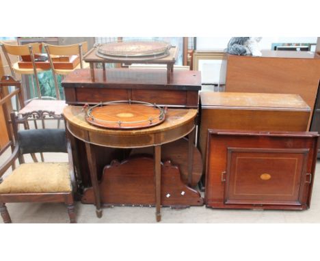 A child's elbow chair together with a reproduction side table, an occasional table, chiffonier base, tray, oak gate leg table