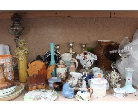 A Royal Doulton cylindrical vase together with Royal Doulton plates, glass vases, oriental figures, miniature part tea set et