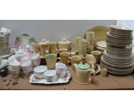 A large Poole pottery part tea and dinner service together with a Royal Albert Blossom Time part tea set, assorted coins, sta