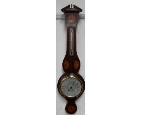 A banjo aneroid barometer with an architectural pediment alcohol thermometer, inlaid with fan roundels and shells, by Short &