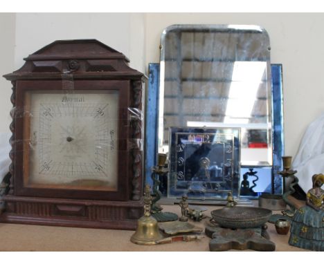 A Smith's electric Clocks Ltd mantle clock, with a blue dial and Arabic numerals together with a barometer, brass candlestick
