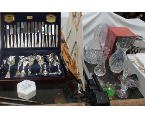 A Viners electroplated cased part flatware service together with a sailing yacht, linen, prints, glasswares, books, tripod et