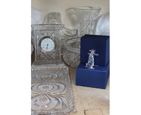 A Swarovski crystal golf bag together with a Waterford crystal clock, crystal vases etc