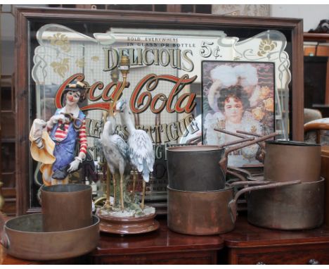 A 20th century Coca Cola mirror together with a resin Capodimonte table lamp, a Capodimonte clown figure and assorted copper 