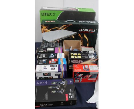 A collection of new and used boxed appliances  including a dvd recorder together with a DVD player, microwave egg cookers, te