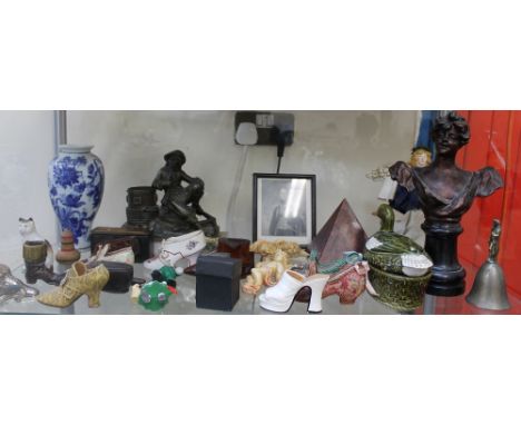 A shoe snuff box together with a collection of ornamental shoes, busts, vases etc