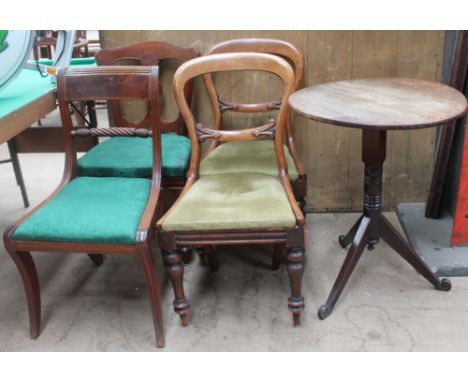 An oak tripod table together with five assorted 19th century chairs and a modern bookcase