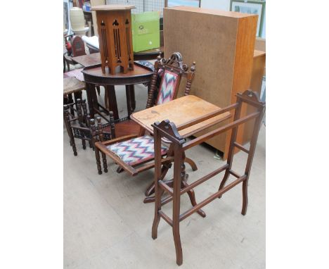 A cluster column mahogany corner table together with an oak occasional table, Victorian folding chair, tripod table, folding 