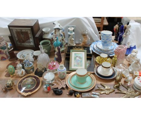 A Royal Doulton figure Elaine, together with Staffordshire type spaniels, coffee cans and saucers, brasswares, paperweights, 