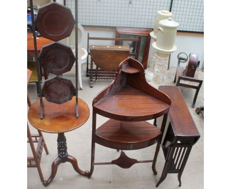 A 19th century mahogany tripod table together with a George III mahogany corner washstand, a folding cake stand and a Sutherl