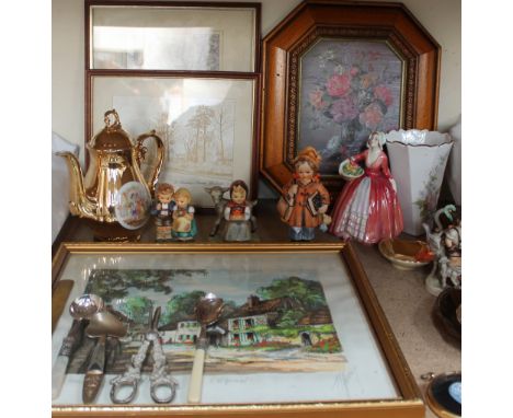 Hummel figures together with a Royal Doulton figure, Janet, copper lustre, Japanese paper knife, grape scissors, prints etc