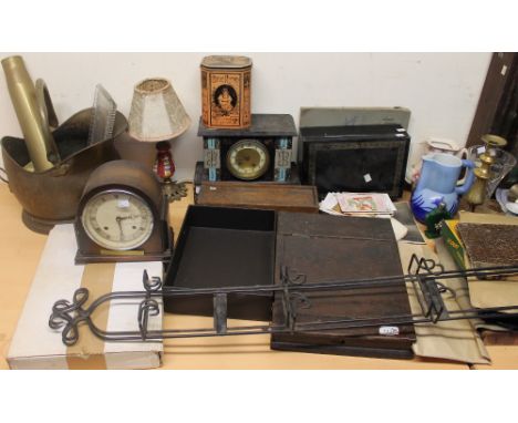 A large lot including a black slate mantle clock together with other clocks, coal scuttle, jugs, wash basin, vases, toys etc