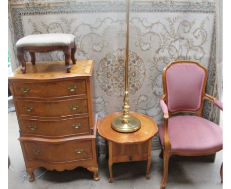 A 20th century burr walnut chest of drawers together with a walnut work table with a circular top, a foot stool, a brass stan