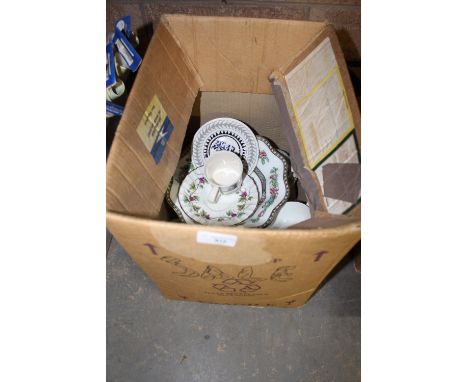 Box of China including Royal Worcester Scottie Wilson Royal Worcester Bacchanal tea wares, Wedgwood and Indian Tree Wares