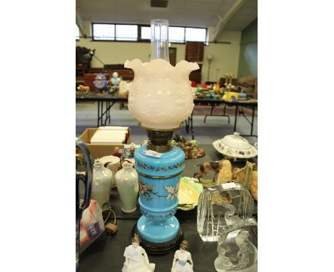 19th Century Blue Opaque Glass Oil Lamp with Moulded Shade