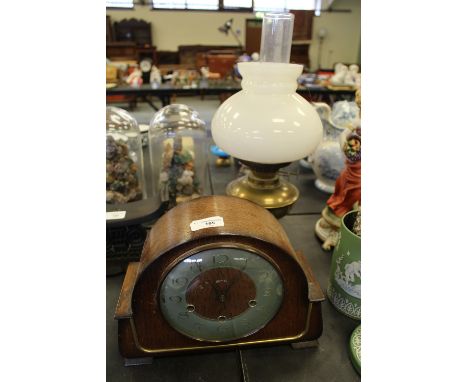 Oak Mantel Clock and Brass Lamp
