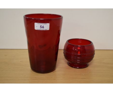 A Whitefriars glass ruby red wave ribbed tumbler vase, designed by Marriot Powell, catalogue number 8473, 15cm, sold together