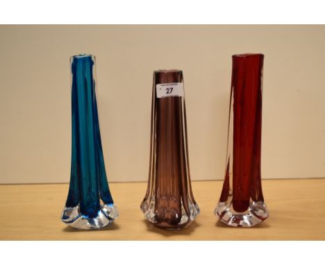 A Whitefriars glass Aubergine Eight-Sided vase, designed by Geoffrey Baxter, catalogue number 9781, 21cm, sold along with two