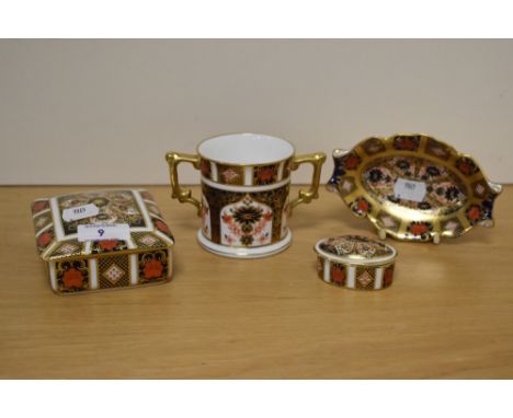 A group of four modern Royal Crown Derby bone china 1128 Imari pattern wares, comprising oval pin dish, dressing table box, s