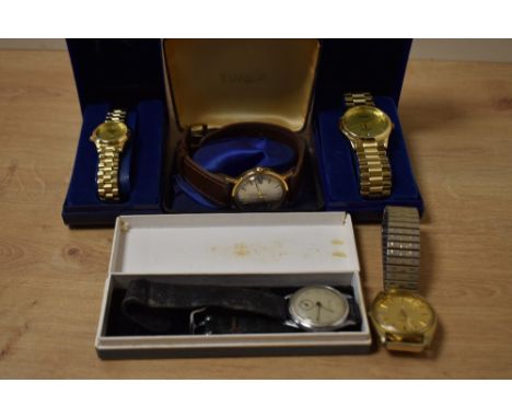 A collection of five wristwatches, including Sekonda, Timex, Seiko and Bentima, the Sekondas, Timex and Bentima in boxesCondi