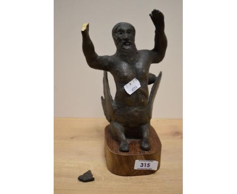 A modern armature art pottery depiction of a merman, mounted to wooden base, 24cm overall, damage to one hand (piece present)