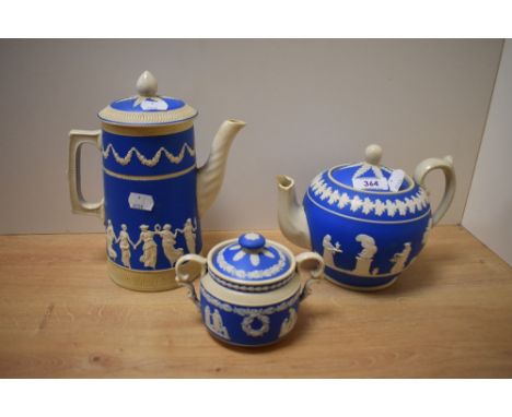 Three pieced of Copeland late Spode sprigged teawares, comprising hot water pot, tea pot (damage to spout) and lidded sugar b