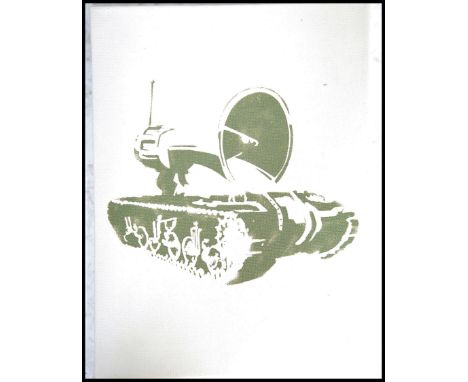A graffiti urban art print by Bristol street artist Banksy entitled ' Cut Commander ' 1998. stencil print on canvas featuring