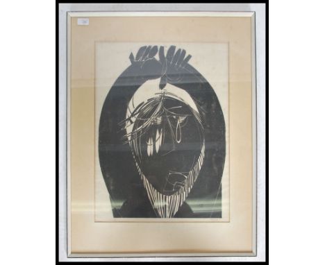 Raymond Andrews ( B-1948) A mid century woodcut print of a tortured man bearing signature in pencil to the margins, limited e