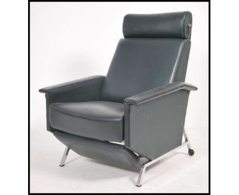 A rare 1950s reclining chair. Designed by Georges Van Rijk for Beaufort. In dark green vinyl with chrome legs and heavy metal