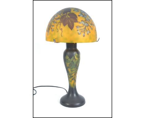 A stunning 20th Century Galle style cameo  yellow glass table lamp light of  mushroom form in the Art Nouveau style. Measures