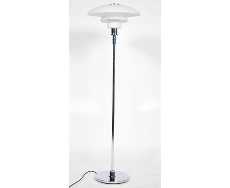 After Poul Henningsen. A stunning PH 4/3 model floor standard lamp having chrome terraced base and support with space aged wh